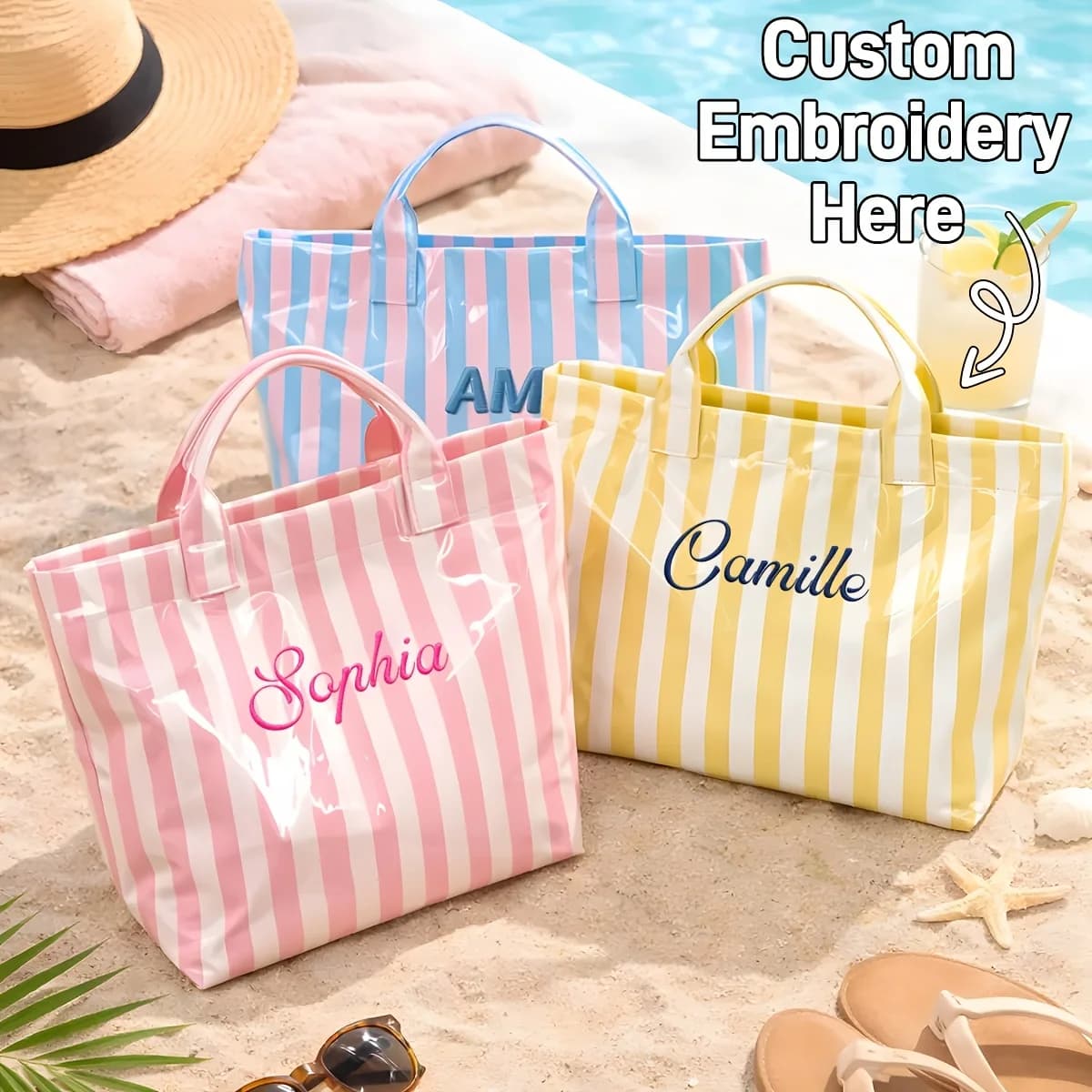 Personalized Embroidered Striped Waterproof Beach Tote Bag